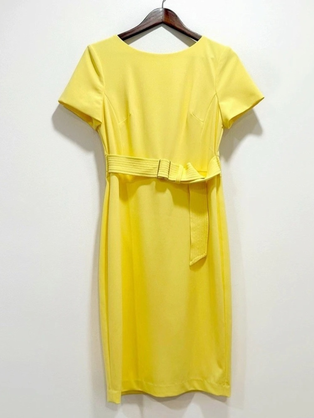 Calvin Klein Short Sleeve Belted Sheath Dress Midi Yellow | Size 8